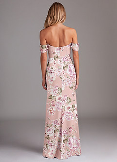 Azazie Saige Bridesmaid Dresses Rosy Floral Bloom Sheath Off the Shoulder Stretch Satin Dress image10