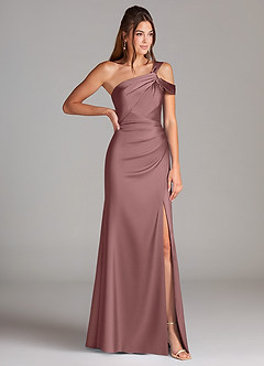 Azazie Wynter Bridesmaid Dresses Vintage Mauve Sheath Off the Shoulder Stretch Satin Dress image4