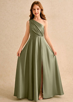 Azazie Puddles Girls Formal Robe Demoiselle D'honneur Fillette Robe Trapèze en Satin extensible Une épaule Pistache image5