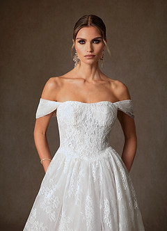 Azazie Justice Wedding Dresses Diamond White Ball-Gown Off the Shoulder Lace Dress image8