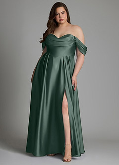 Azazie Loisa Vestidos de damas de honor Vestido Musgo Marino de Satén Elástico de Línea A con Hombros descubiertos image8