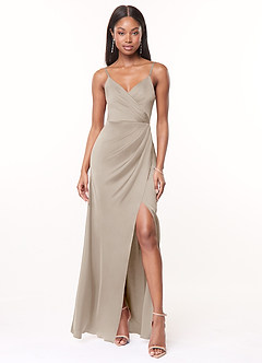 Azazie Maci Bridesmaid Dresses Frost A-Line V-Neck Pleated Stretch Satin Dress image1