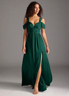 Azazie Lianne Robes de demoiselle d'honneur Robe Trapèze en Satin extensible Épaule décolletée émeraude image2
