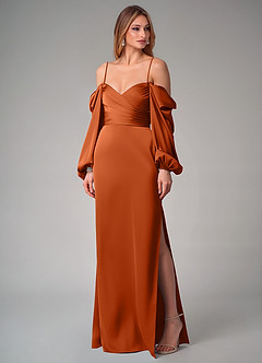 Azazie Sonata Bridesmaid Dresses Burnt Orange Sheath Long Sleeve Stretch Satin Convertible Dress image7