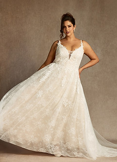 Azazie Jolene Wedding Dresses Diamond White Champagne A-Line Lace Tulle Dress image9