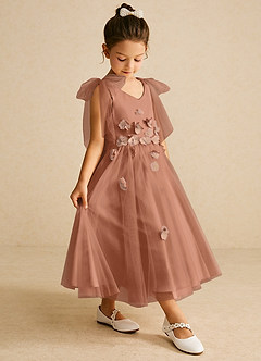 Azazie Minia Flower Girl Dresses Bronzer A-Line Bow Matte Satin Dress image3