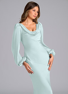 Azazie Melani Bridesmaid Dresses Sea Glass Mermaid Long Sleeve Stretch Satin Dress image6