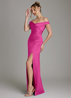 Azazie Teyana Robes de demoiselle d'honneur Robe Fourreau en Satin extensible Épaule décolletée Fuchsia image5