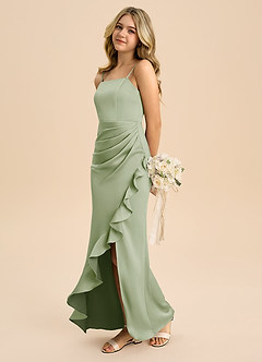 Azazie Buzzy Junior Dusty Sage Sheath Pleated Stretch Satin Dress image6