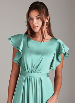 Azazie Daphne Modest Bridesmaid Dresses A-Line Ruched Stretch Satin Floor-Length Dress image4