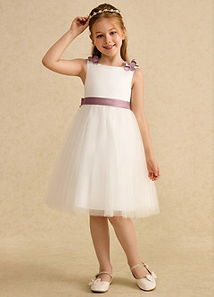 Azazie Lona Jurken voor bloemenmeisjes A-Lijn Jurk van Mat Satijn Boog Ivoor Stoffige Roos image3