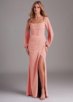 Azazie Charissa Brautjungfernkleider Etui Langarm Chiffon Kleid Rosettenrosa image1