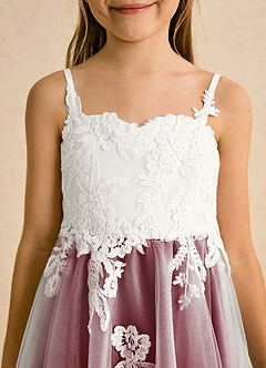 Azazie Coraline Flower Girl Dresses Ivory Burgundy A-Line Lace Dress image6