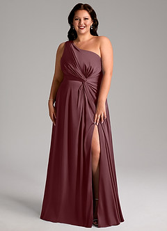 Azazie Brooke Bridesmaid Dresses Sangria A-Line One Shoulder Stretch Satin Dress image8