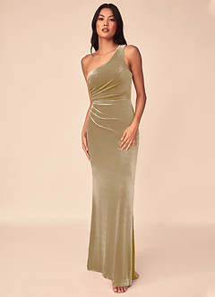 Azazie Argan Brautjungfernkleider A-Linie Eine Schulter Gefaltet Samt Kleid Goldene Bräune image4