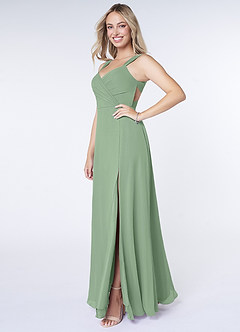 Azazie Nahrin Bridesmaid Dresses Matcha A-Line V-Neck Pleated Chiffon Dress image3