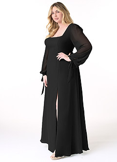 Azazie Leonia Bridesmaid Dresses Black A-Line Long Sleeve Chiffon Dress image10