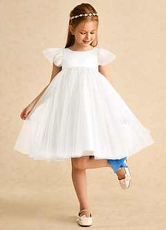 Azazie Munchkin Blumenmädchenkleider A-Linie Schleifen Tüll Kleid Elfenbein Blauhäher image3