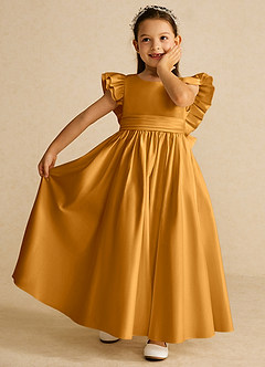 Azazie Piglette Flower Girl Dresses Butterscotch A-Line Bow Matte Satin Dress image6