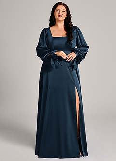 Azazie Leonia Bridesmaid Dresses Dark Navy A-Line Long Sleeve Stretch Satin Dress image12
