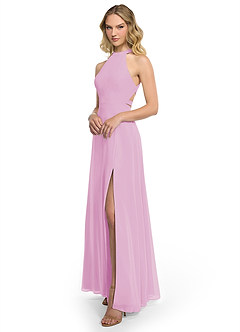 Azazie Clarice Vestidos de damas de honor Vestido de Rosa Caramelo de Gasa de Corte en A con Halter image2