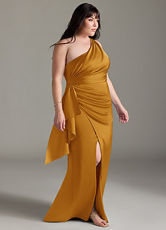 Azazie Maive Robes de demoiselle d'honneur Robe Fourreau en Satin extensible Rayé Caramel écossais image3