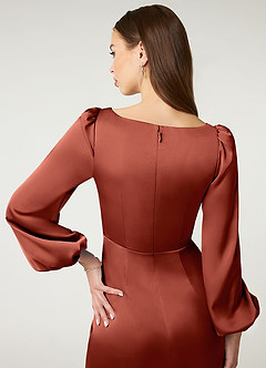 Azazie Mel Jurken voor bruidsmeisjes Jurk van Stretch Satijn met Kolom Lange mouw Terracotta image6