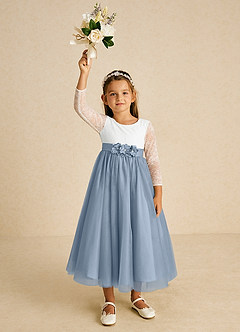 Azazie Mae vestidos de niña de las flores Vestido de Marfil Azul Polvoriento de Tul de Corte En A con Lazo image4