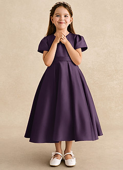 Azazie Princess vestidos de niña de las flores Vestido de Ciruela de Satin Mate de Corte En A con Plisado image4