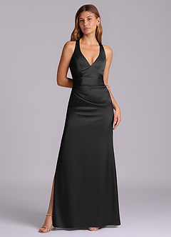 Azazie Amelie Abiti da Damigella Abito A-Line in Raso Elasticizzato Plissettato Nero image4