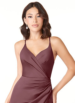 Azazie Geanna Final Sale Sangria Sheath V-Neck Pleated Stretch Satin Dress image5