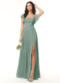 Azazie Bondi Bridesmaid Dresses Silver Sage A-Line Ruffled Chiffon Dress image2