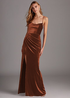 Azazie Kindness Bridesmaid Dresses Terracotta Sheath Cowl Neckline Corset Velvet Dress image3
