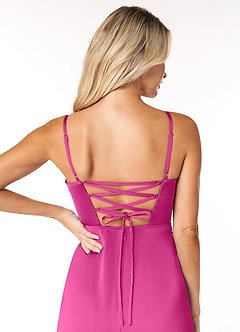 Azazie Marchella Jurken voor bruidsmeisjes Jurk van Stretch Satijn met A-Lijn Korset Fuchsia image3