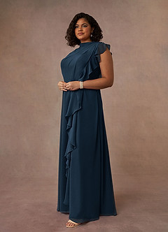 Azazie Narine Mother of the Bride Dresses Dark Navy A-Line High Neckline Pleated Chiffon Dress image9