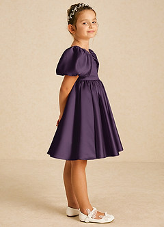 Azazie Muffin Flower Girl Dresses Plum A-Line with Sleeves Matte Satin Dress image3