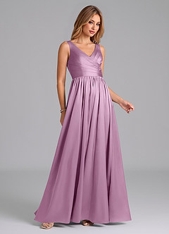 Azazie Keyla Bridesmaid Dresses Wisteria A-Line Pleated Stretch Satin Dress image5