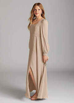 Azazie Leonia Junior Taupe A-Line with Pockets Chiffon Dress image3
