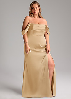 Azazie Saige Jurken voor bruidsmeisjes Jurk van Stretch Satijn met Kolom Off the Shoulder Goud image13
