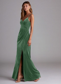 Azazie Maci Bridesmaid Dresses Eucalyptus Sheath Pleated Velvet Dress image3