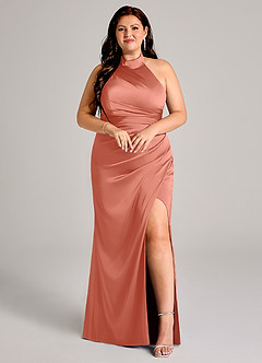 Azazie Jemma Robes de demoiselle d'honneur Robe Fourreau en Satin extensible Plissée Rose Saumon image7