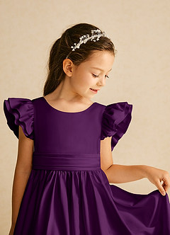 Azazie Piglette Flower Girl Dresses Grape A-Line Bow Matte Satin Dress image3