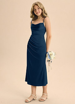 Azazie Mai Junior Osłona Pofałdowany Satyna elastyczna Długość herbaty Młodsza druhna Sukienka image1