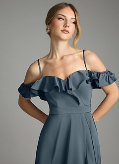 Azazie Lyra Robes de demoiselle d'honneur Robe Trapèze Convertible en Satin extensible Épaules dénudées Violet Crépusculaire image11