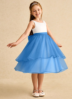 Azazie Rene Flower Girl Dresses Ivory Blue Jay A-Line Bow Tulle Dress image1