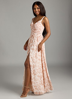 Azazie Chanel Bridesmaid Dresses Pink Fern Floral A-Line Pleated Chiffon Dress image5