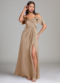 Azazie Dakota Bridesmaid Dresses Taupe A-Line Off the Shoulder Stretch Satin Dress image4