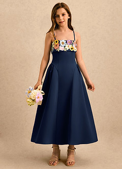 Azazie Gianna Girls Formal Sukienki dla dziewczynek sypiących kwiaty Linia A Pofałdowany Matowy satynowy Długość herbaty Sukienka image4