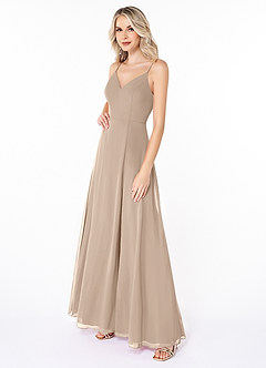 Azazie Lena Bridesmaid Dresses Taupe A-Line Lace Chiffon Dress image3