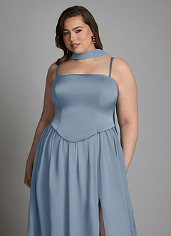 Azazie Cadence Vestidos de damas de honor Vestido Azul Polvoriento de Satén Elástico de Línea A Convertible con Corsé image17